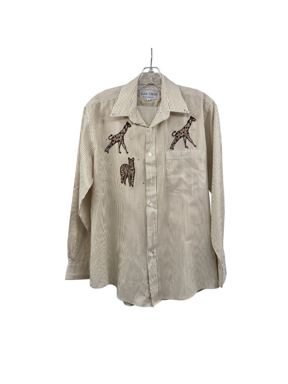 Las Olas Safari Animal Appliques Button Up Top Striped Womens Rhinestone Size S